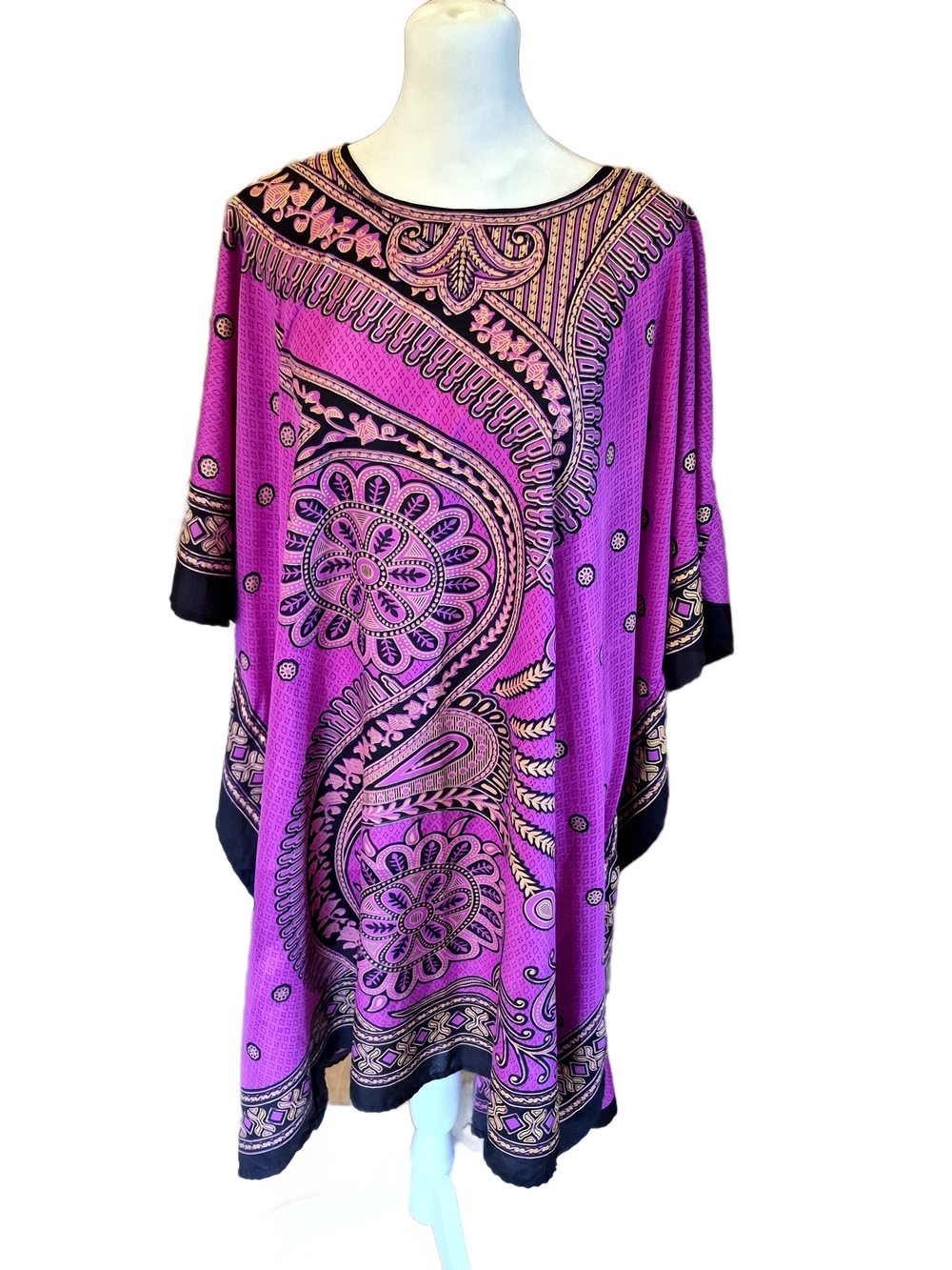 GoodTimes Boho Purple Paisley Tunic Top with Black Trim